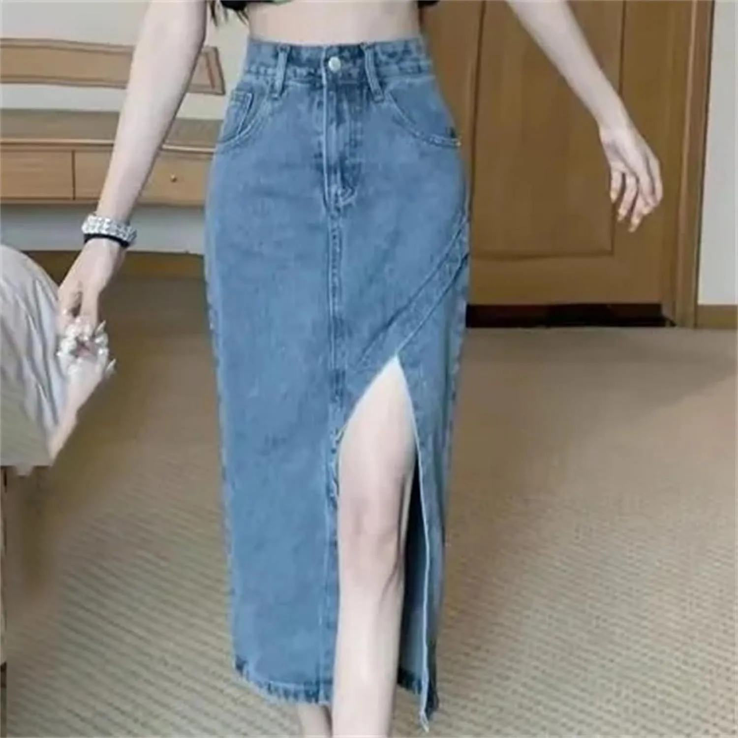 Women's Irregular Side Slit Denim Skirt  High-Waisted Slimming Casual Pockets Work Midi Summer Stretch A-Line Skirt