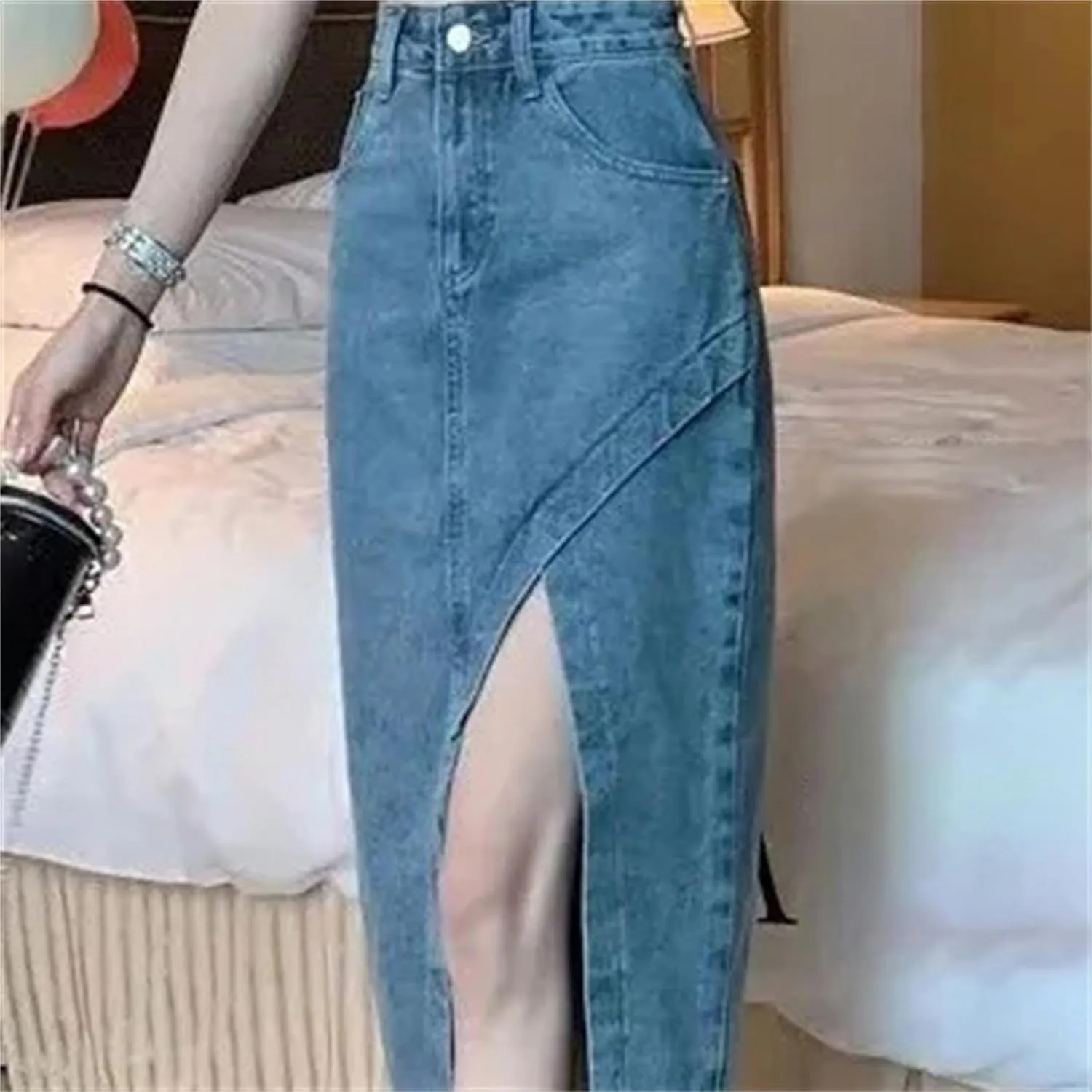 Women's Irregular Side Slit Denim Skirt  High-Waisted Slimming Casual Pockets Work Midi Summer Stretch A-Line Skirt