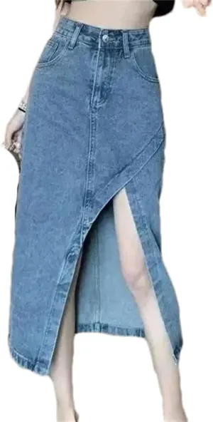 Women's Irregular Side Slit Denim Skirt  High-Waisted Slimming Casual Pockets Work Midi Summer Stretch A-Line Skirt