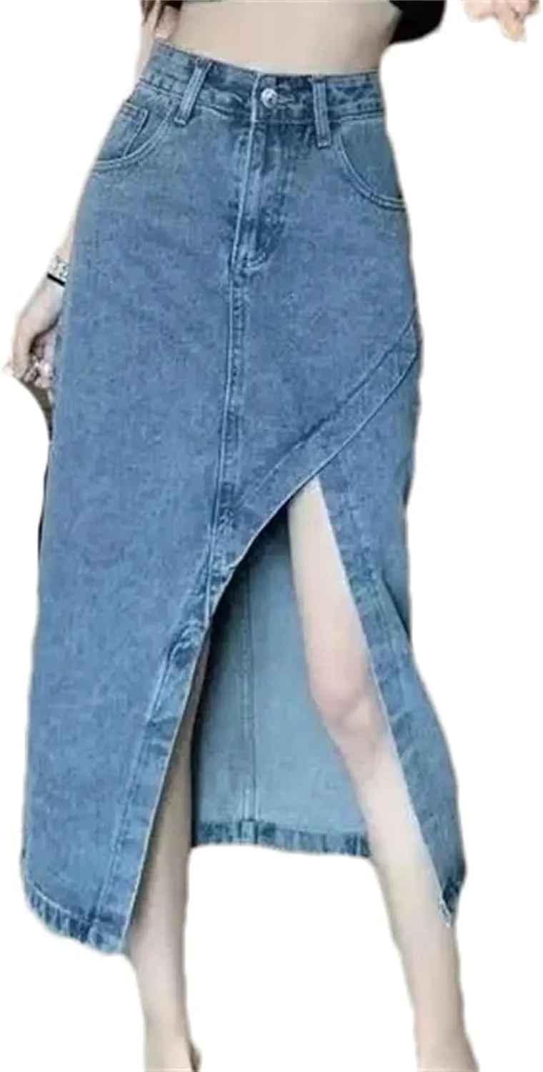 Women's Irregular Side Slit Denim Skirt  High-Waisted Slimming Casual Pockets Work Midi Summer Stretch A-Line Skirt