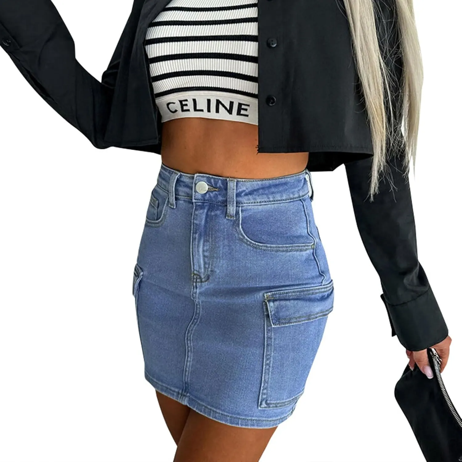 Women's Jean Skirts High Waist Split Denim Skirt Fashion Bodycon Skirt with Pocket Summer Skirt