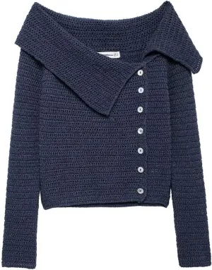 Women's Knit Cardigan Long Sleeve Sweater Asymmetric Side Button Lapel Short Warm Knitwear for Business Work Office
