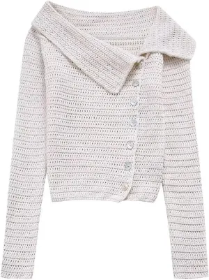 Women's Knit Cardigan Long Sleeve Sweater Asymmetric Side Button Lapel Short Warm Knitwear for Business Work Office