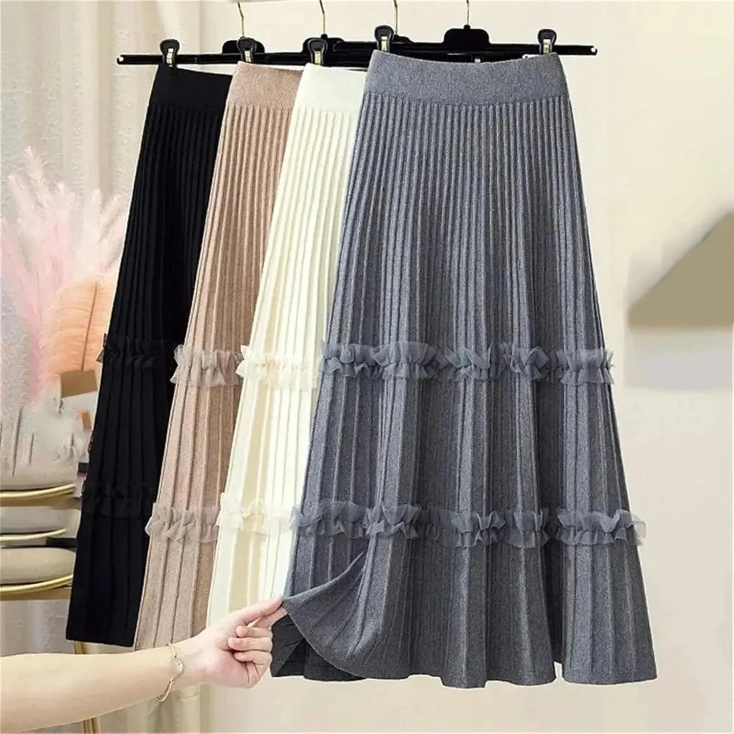 Women's Knitted Midi Pleated Skirt Solid Skirt A-Line Long Skirt Winter High Waist Skirt