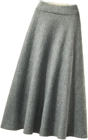 Women's Knitted Pleated Skirt Midi Elastic High Waist A-Line Sweater Skirt Wool Long Skirt Gray M