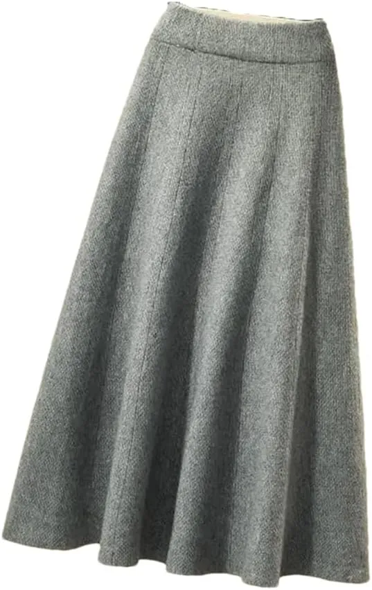 Women's Knitted Pleated Skirt Midi Elastic High Waist A-Line Sweater Skirt Wool Long Skirt Gray M