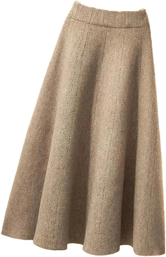 Women's Knitted Pleated Skirt Midi Elastic High Waist A-Line Sweater Skirt Wool Long Skirt Khaki M