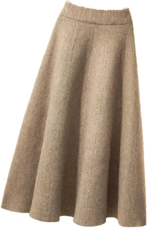 Women's Knitted Pleated Skirt Midi Elastic High Waist A-Line Sweater Skirt Wool Long Skirt Khaki M