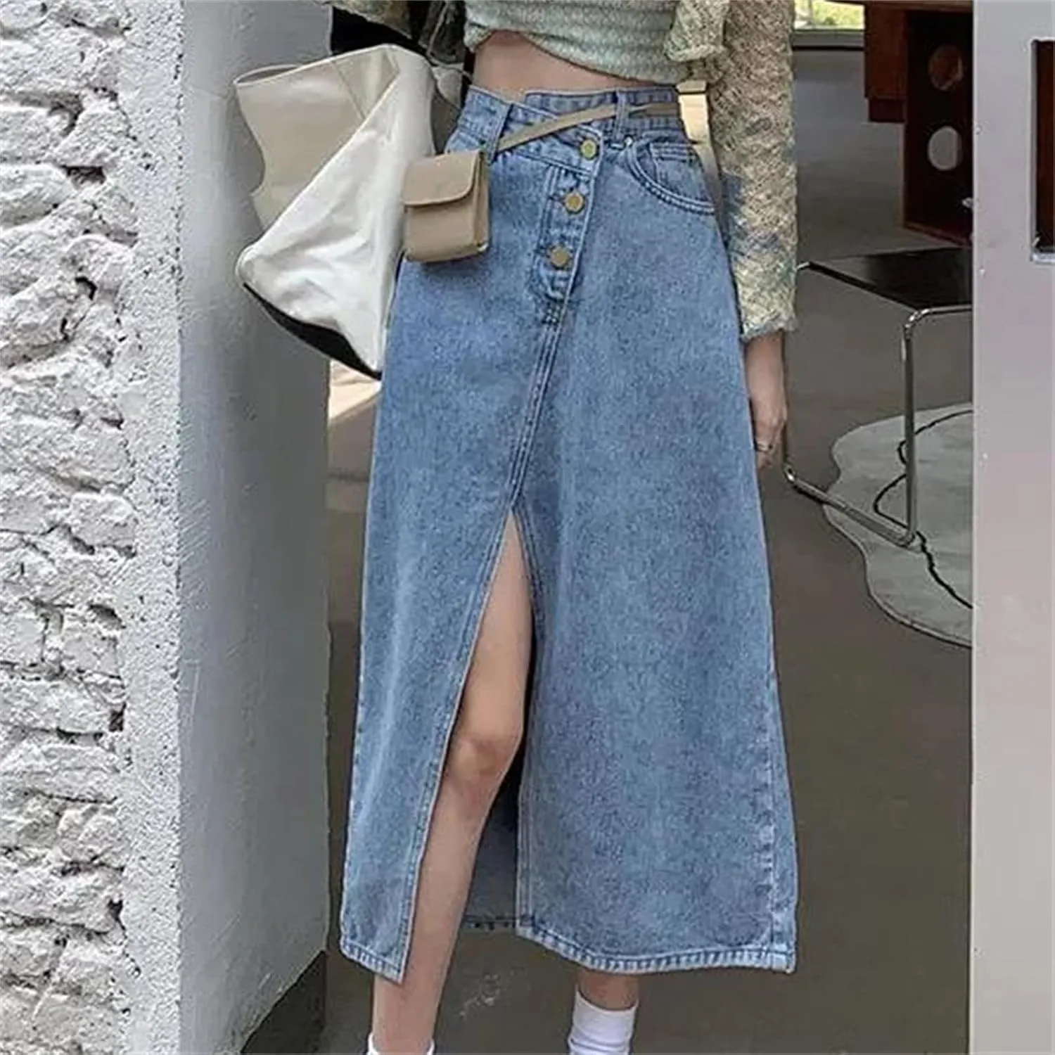 Women's Lightweight Side Slit Denim Skirt  Summer High-Waisted Slimming Plus Size Irregular A-Line Skirt