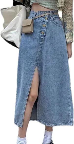 Women's Lightweight Side Slit Denim Skirt  Summer High-Waisted Slimming Plus Size Irregular A-Line Skirt