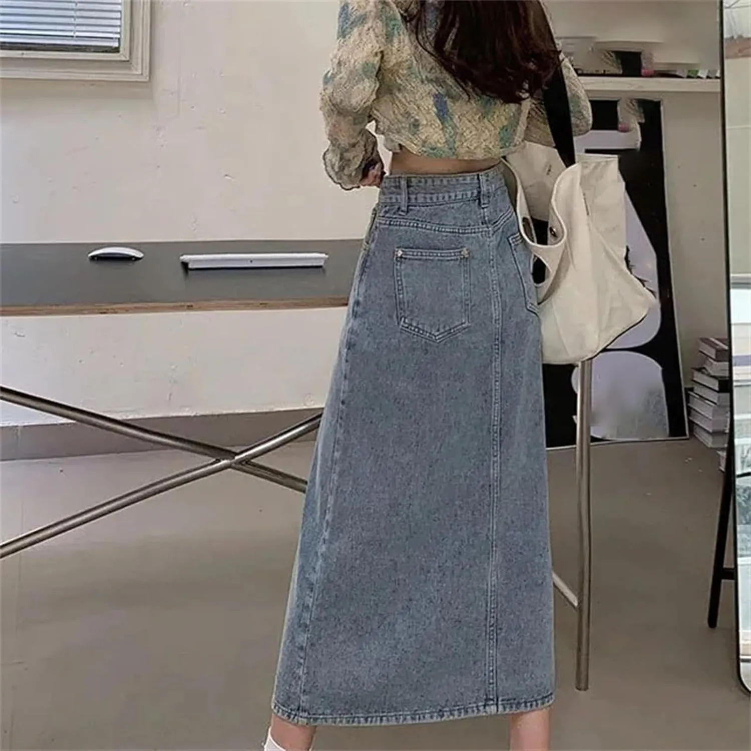 Women's Lightweight Side Slit Denim Skirt  Summer High-Waisted Slimming Plus Size Irregular A-Line Skirt