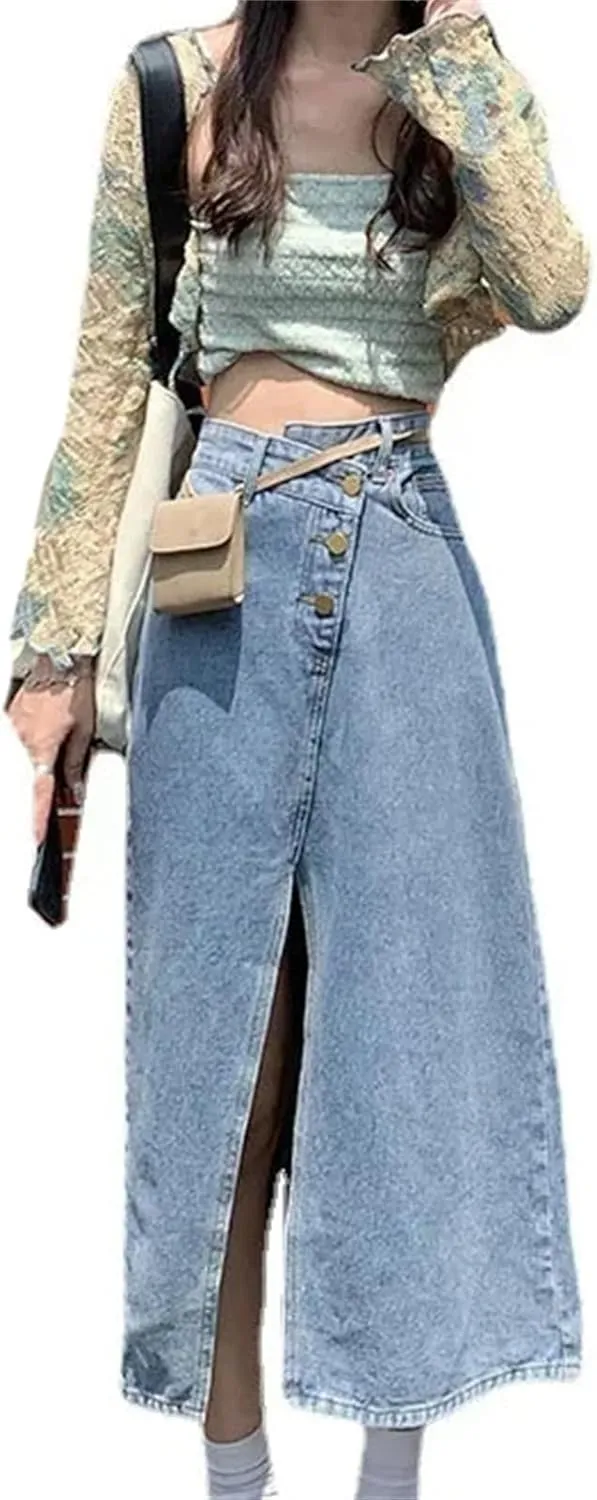 Women's Lightweight Side Slit Denim Skirt  Summer High-Waisted Slimming Plus Size Irregular A-Line Skirt