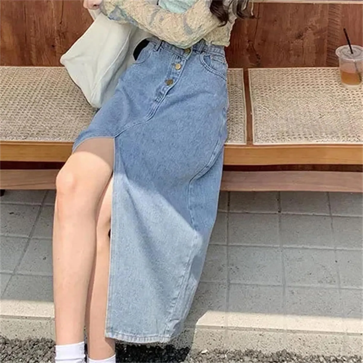 Women's Lightweight Side Slit Denim Skirt  Summer High-Waisted Slimming Plus Size Irregular A-Line Skirt
