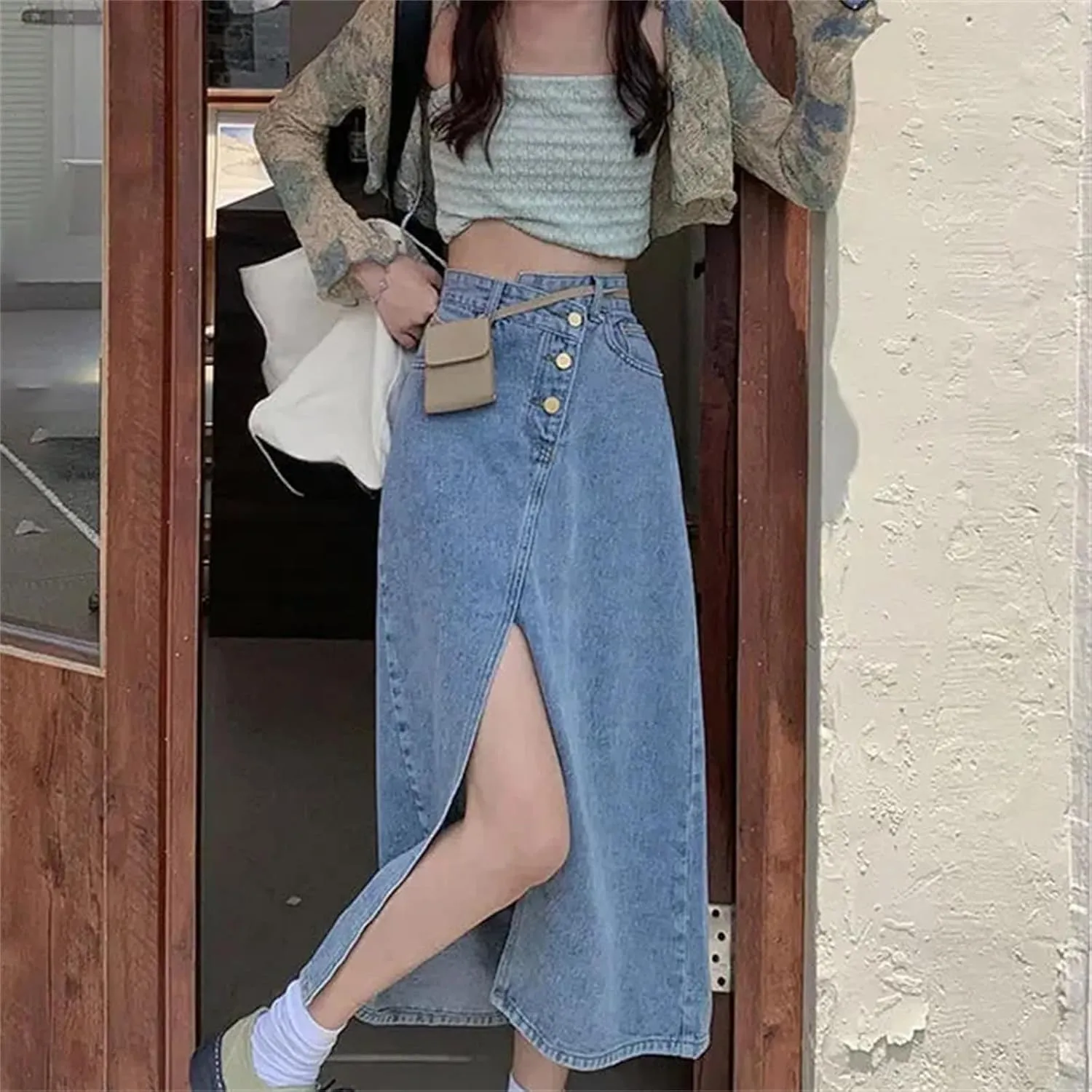 Women's Lightweight Side Slit Denim Skirt  Summer High-Waisted Slimming Plus Size Irregular A-Line Skirt