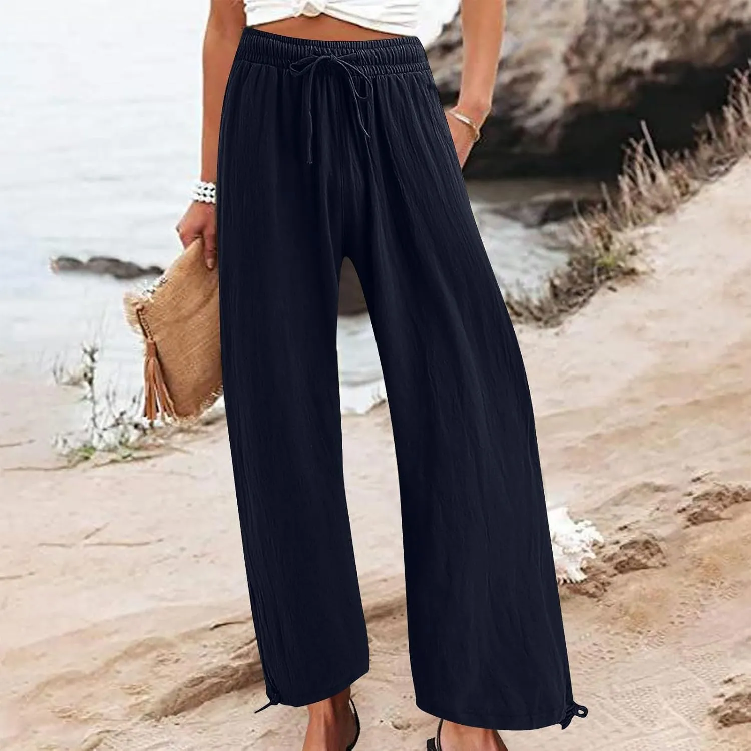 Women's Linen Palazzo Pants Drawstring Summer Wide Leg High Waist Casual Lounge Pant 2025 Beach Vacation Trousers