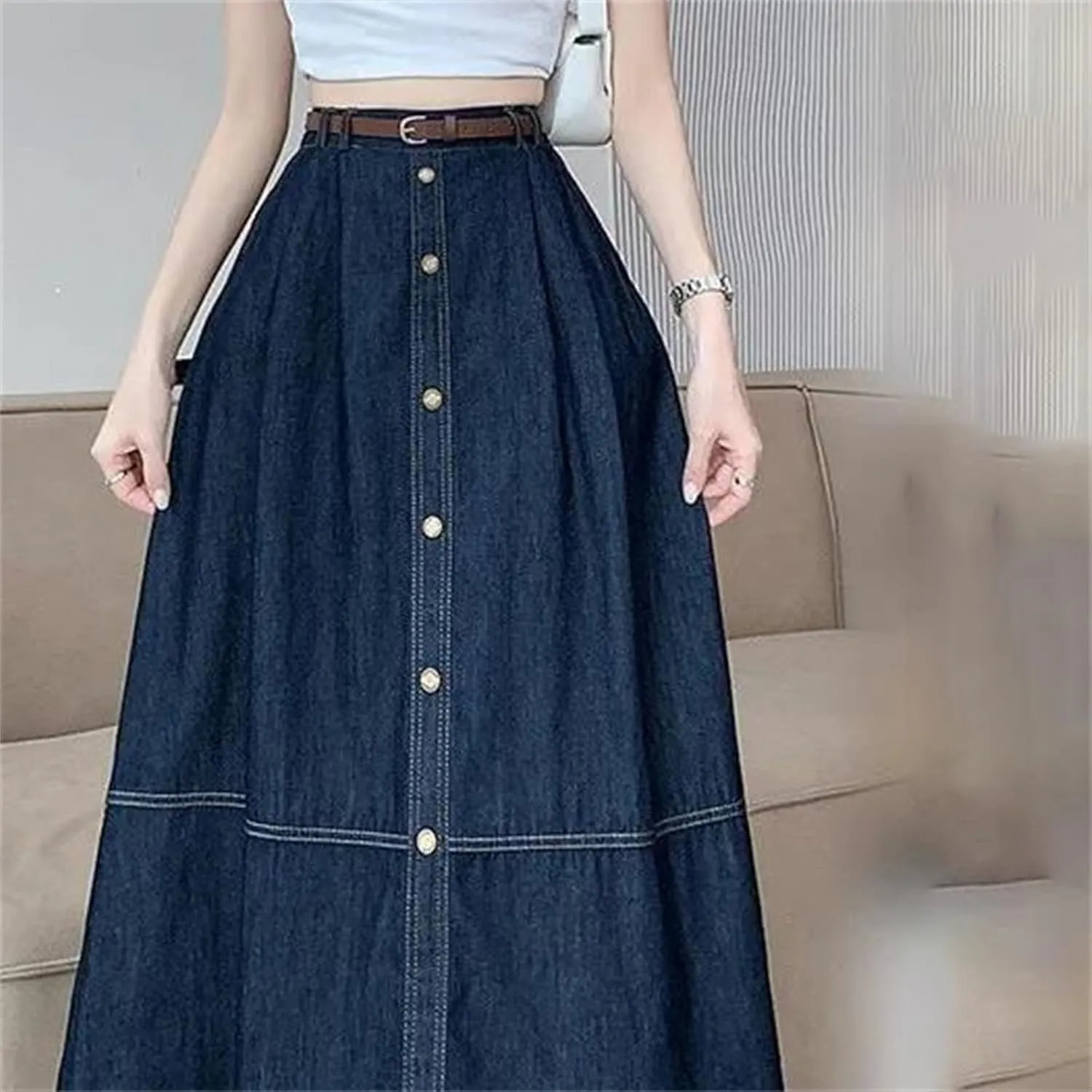 Women's Maxi Long Skirt  Summer Casual High Waisted A-Line Splicing Ruffle Denim Skirt