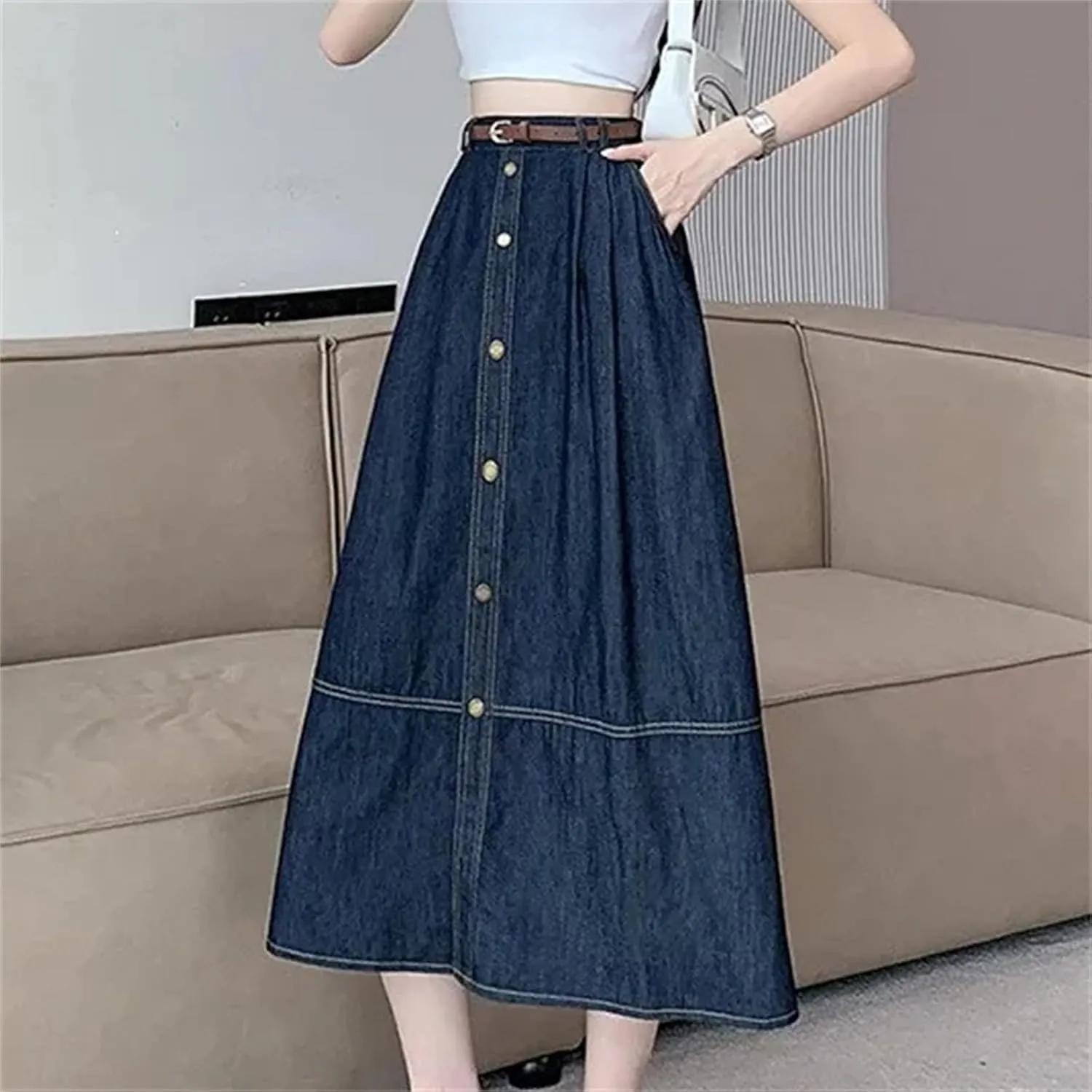 Women's Maxi Long Skirt  Summer Casual High Waisted A-Line Splicing Ruffle Denim Skirt