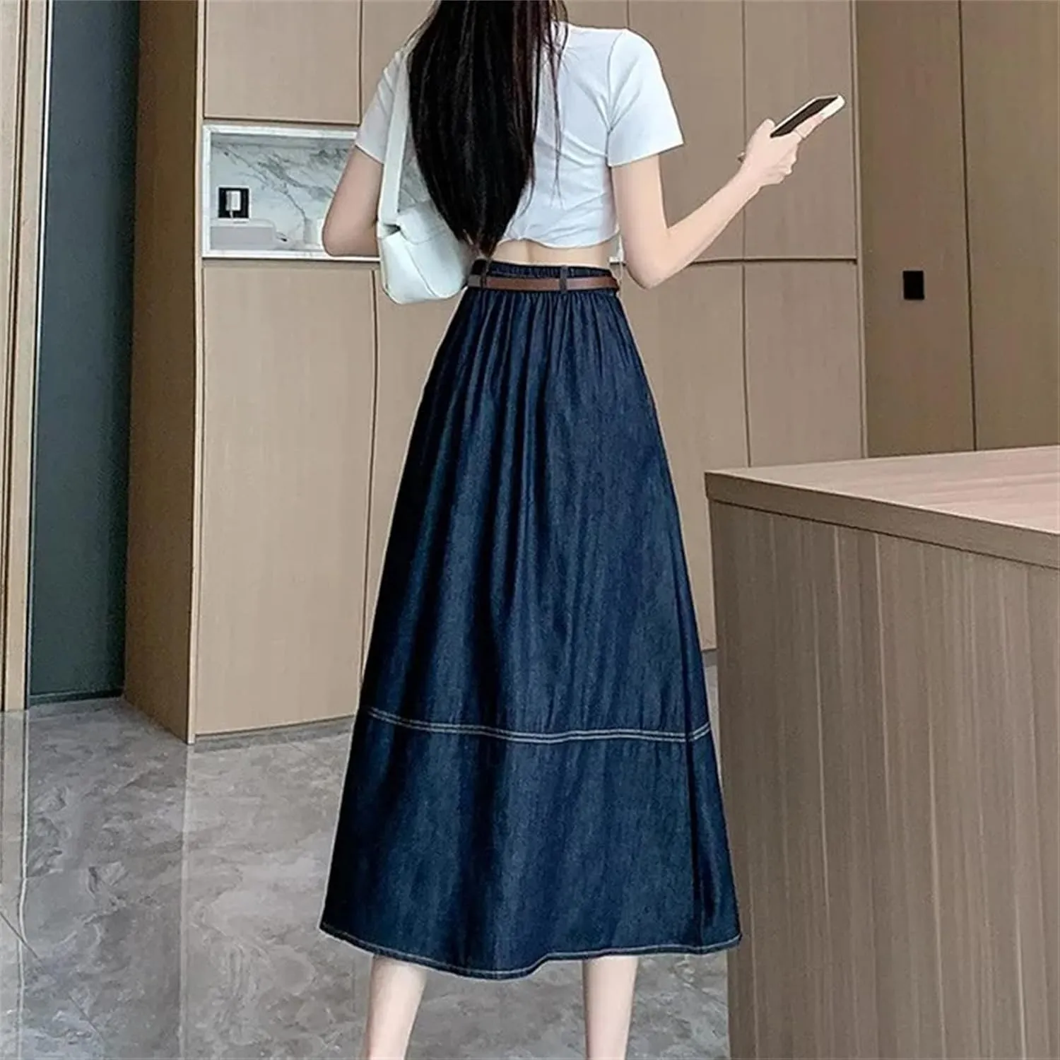 Women's Maxi Long Skirt  Summer Casual High Waisted A-Line Splicing Ruffle Denim Skirt