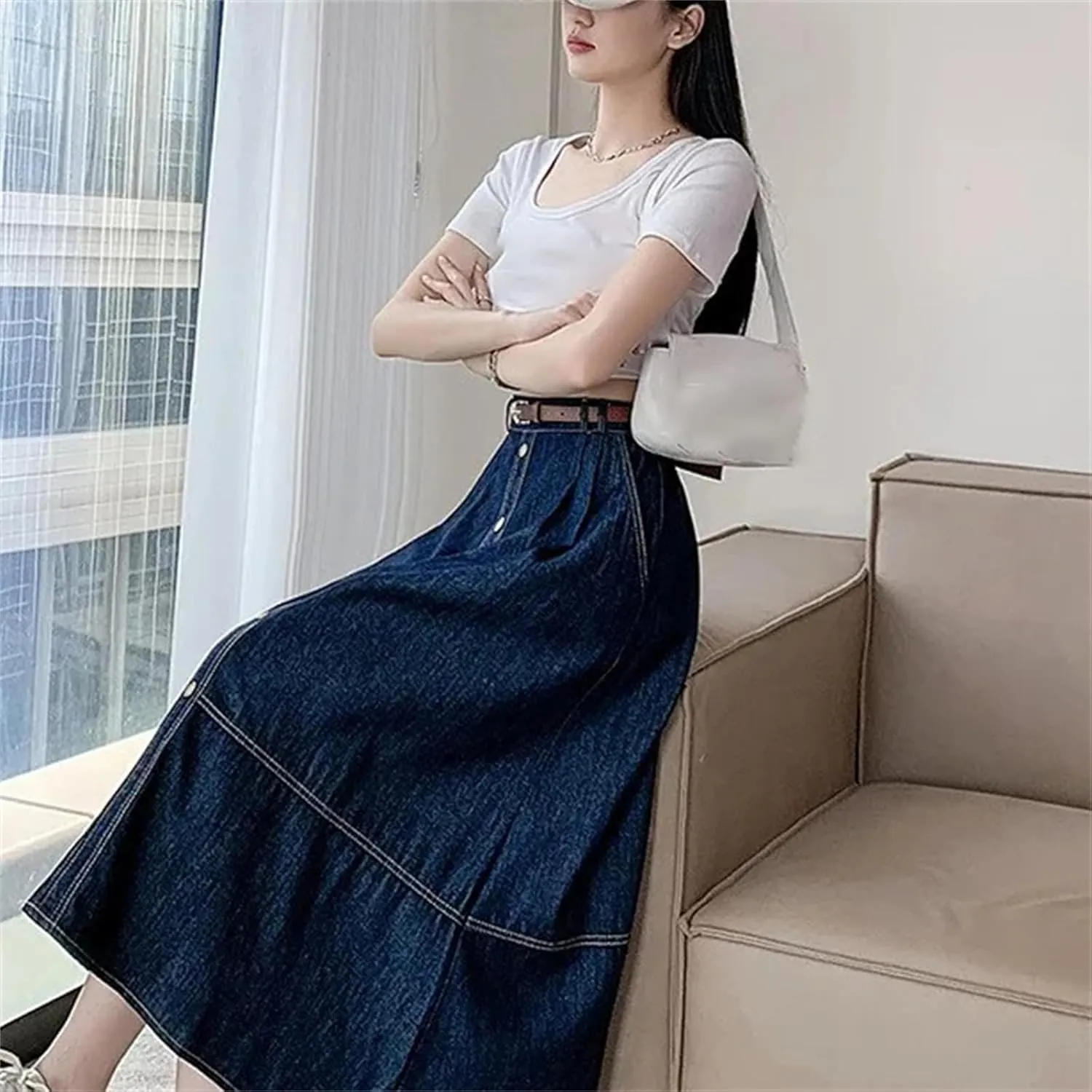 Women's Maxi Long Skirt  Summer Casual High Waisted A-Line Splicing Ruffle Denim Skirt