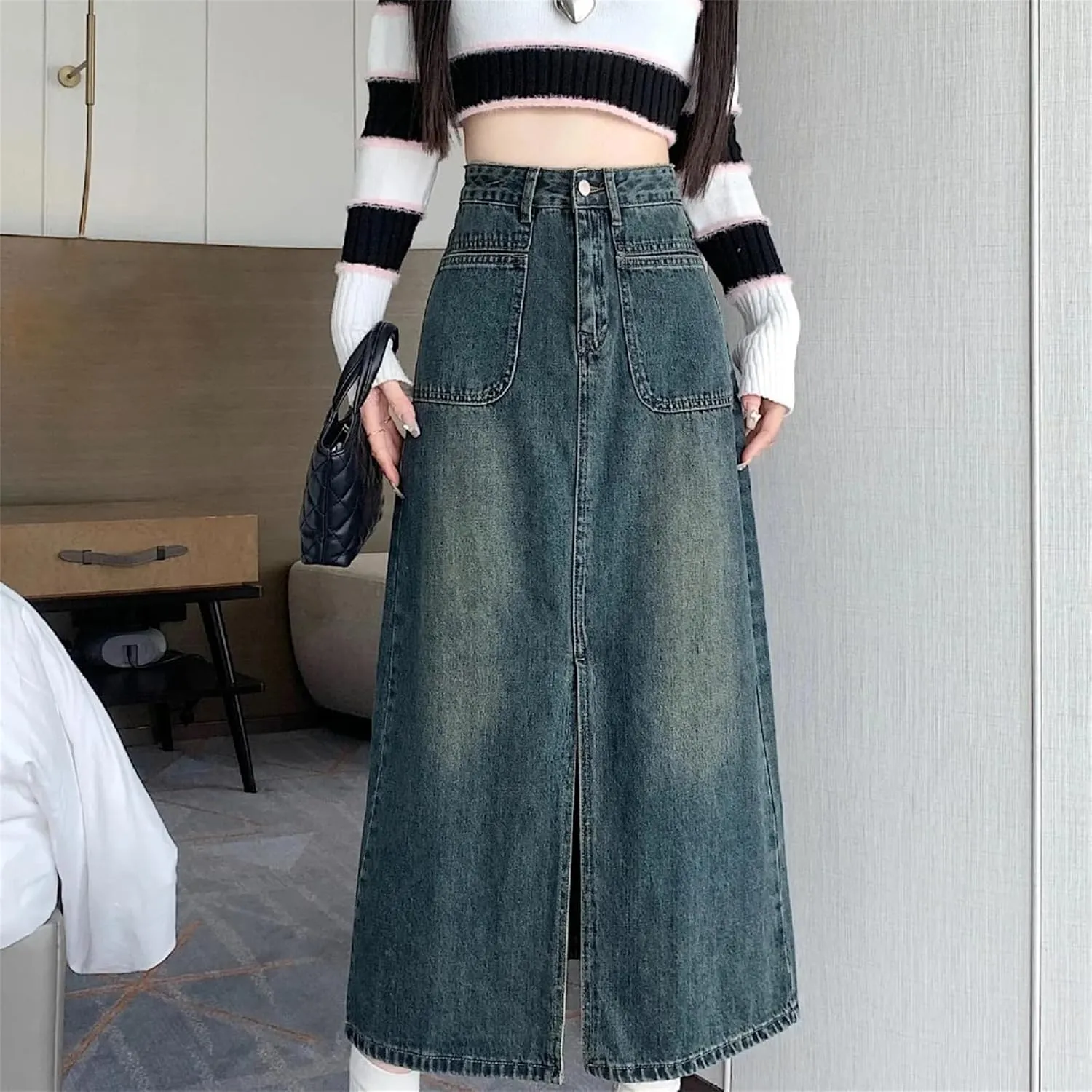 Women's Medium-Length Denim Skirt  Vintage High-Waisted Slimming Side Slit A-Line Stretch Button Up with Pockets