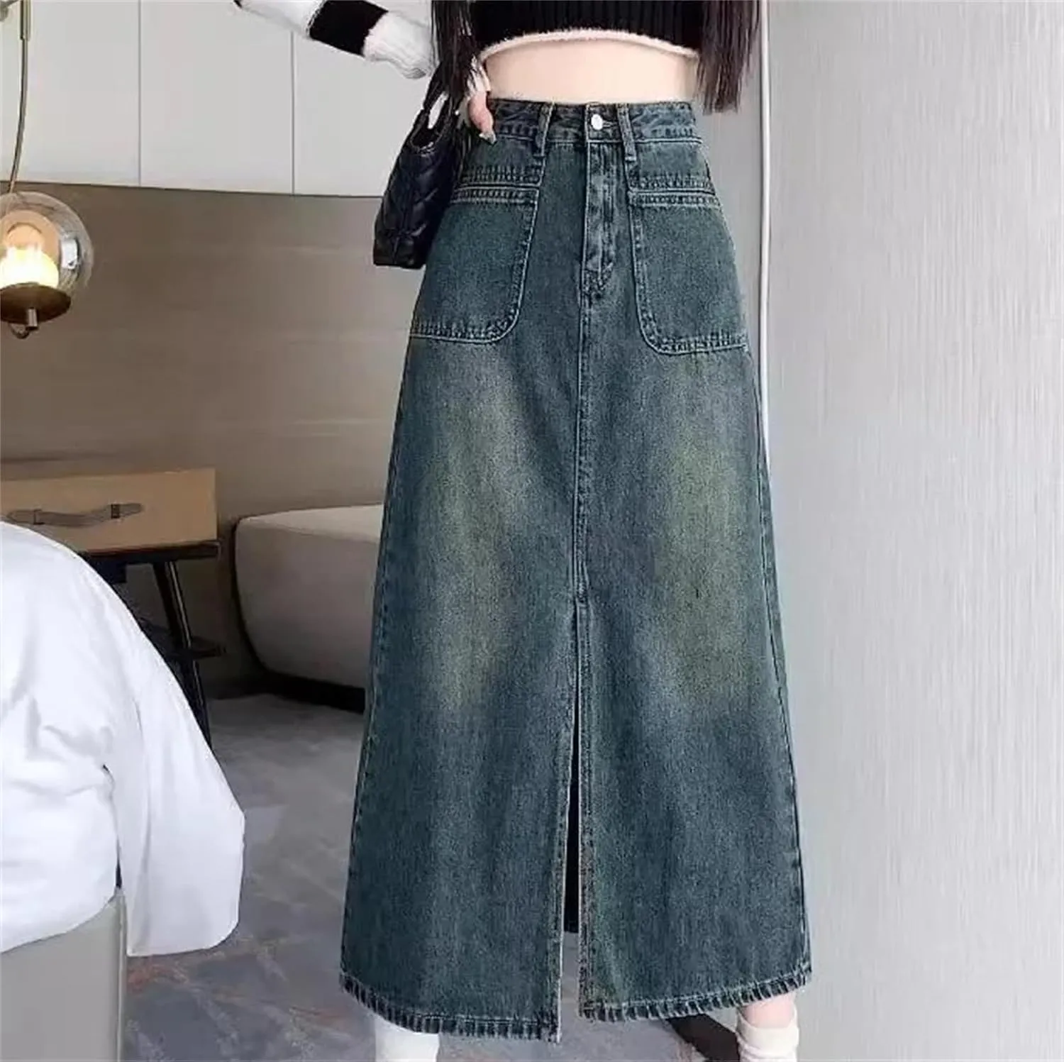 Women's Medium-Length Denim Skirt  Vintage High-Waisted Slimming Side Slit A-Line Stretch Button Up with Pockets