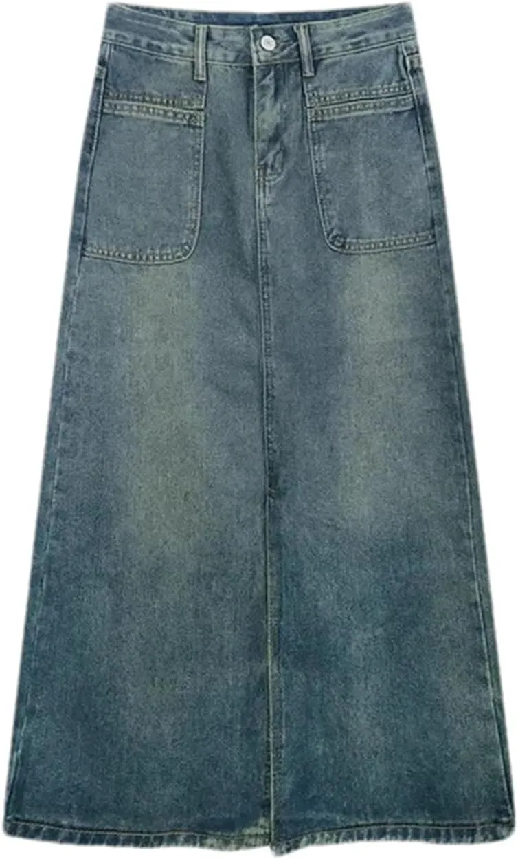 Women's Medium-Length Denim Skirt  Vintage High-Waisted Slimming Side Slit A-Line Stretch Button Up with Pockets