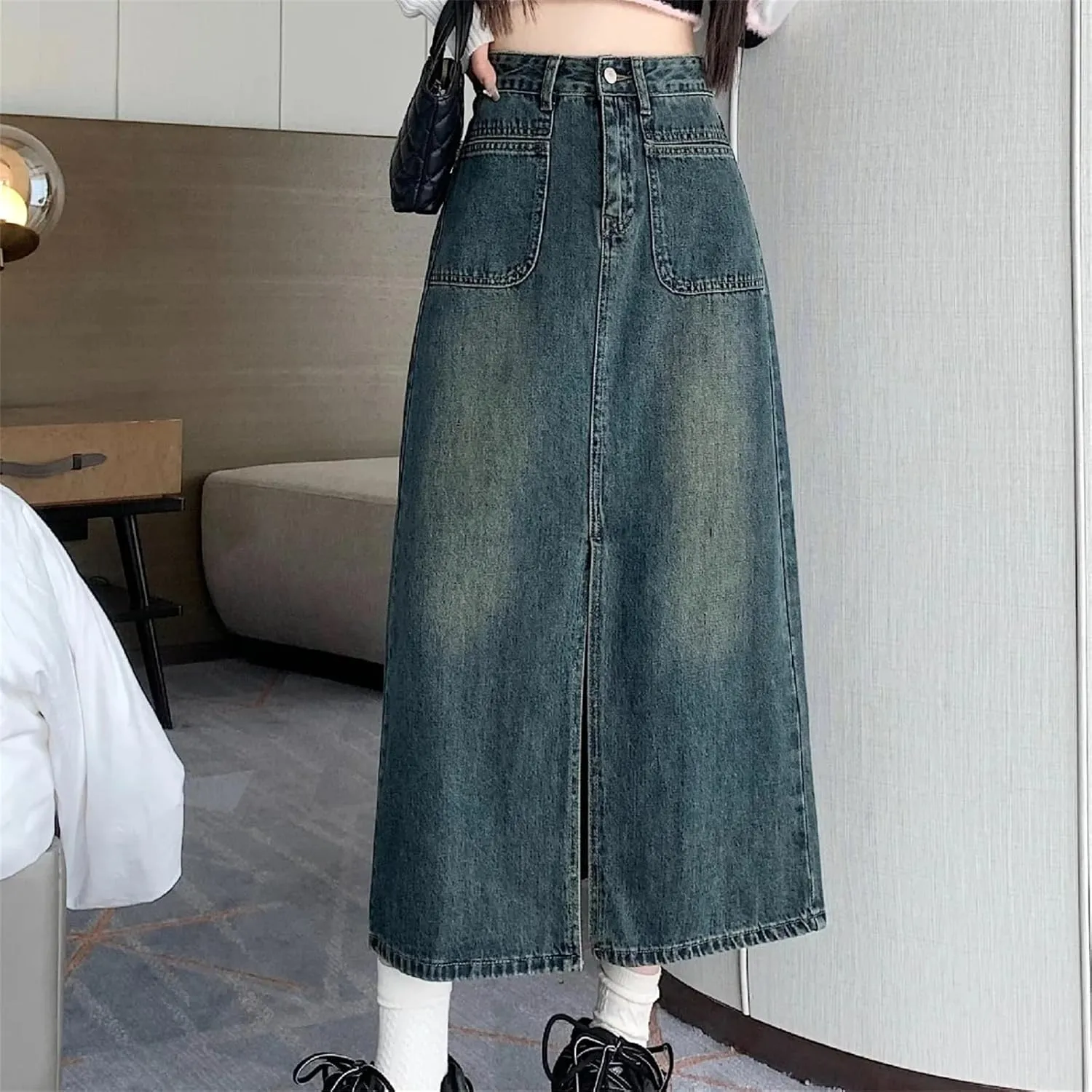 Women's Medium-Length Denim Skirt  Vintage High-Waisted Slimming Side Slit A-Line Stretch Button Up with Pockets