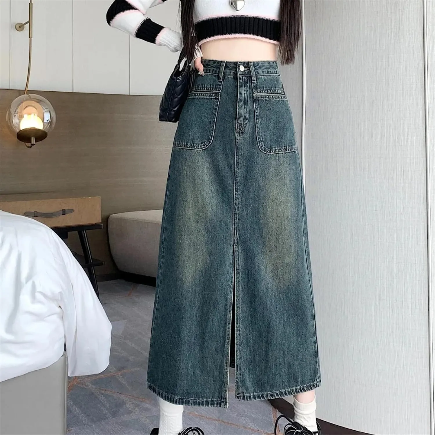 Women's Medium-Length Denim Skirt  Vintage High-Waisted Slimming Side Slit A-Line Stretch Button Up with Pockets