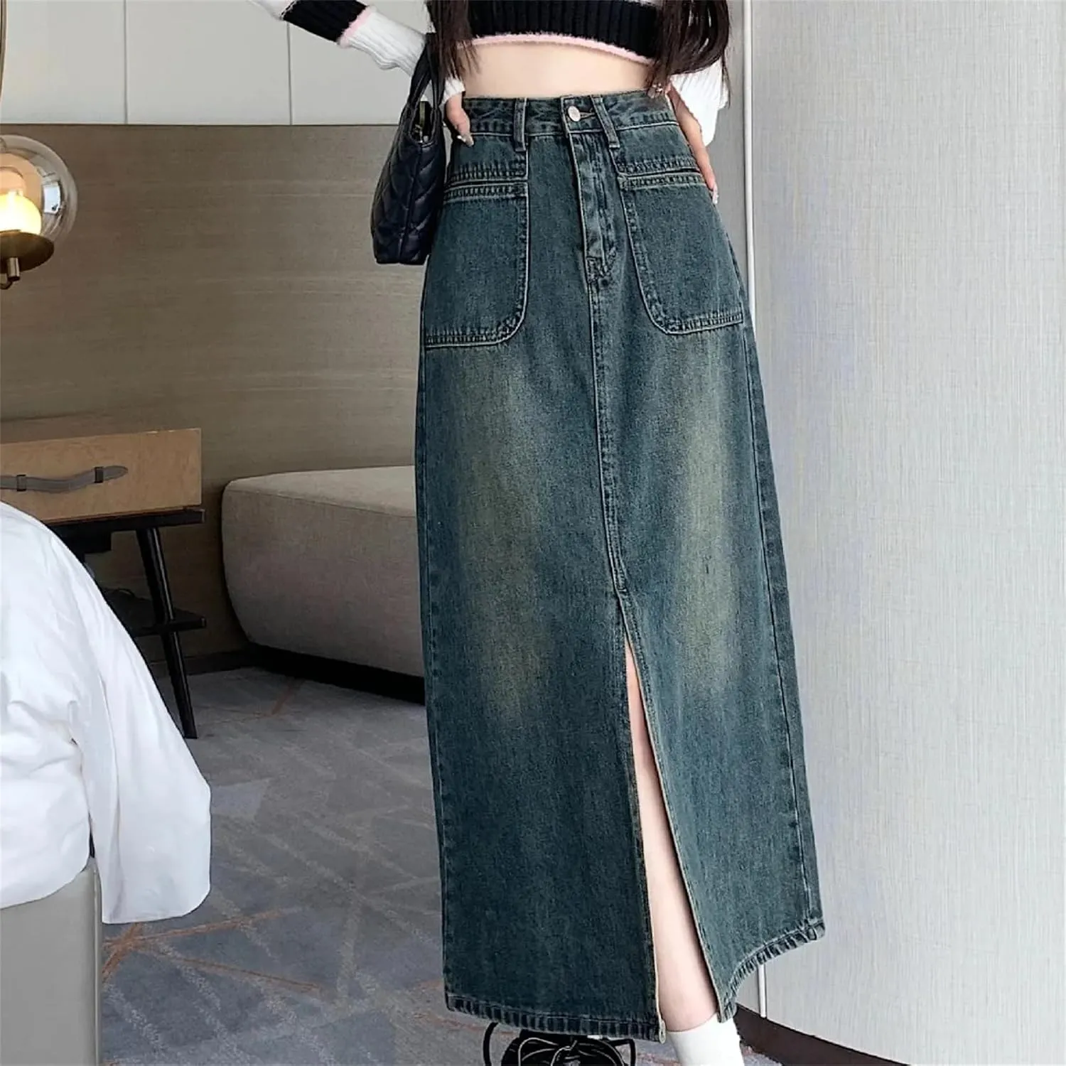 Women's Medium-Length Denim Skirt  Vintage High-Waisted Slimming Side Slit A-Line Stretch Button Up with Pockets