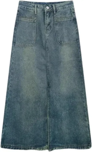 Women's Medium-Length Denim Skirt  Vintage High-Waisted Slimming Side Slit A-Line Stretch Button Up with Pockets