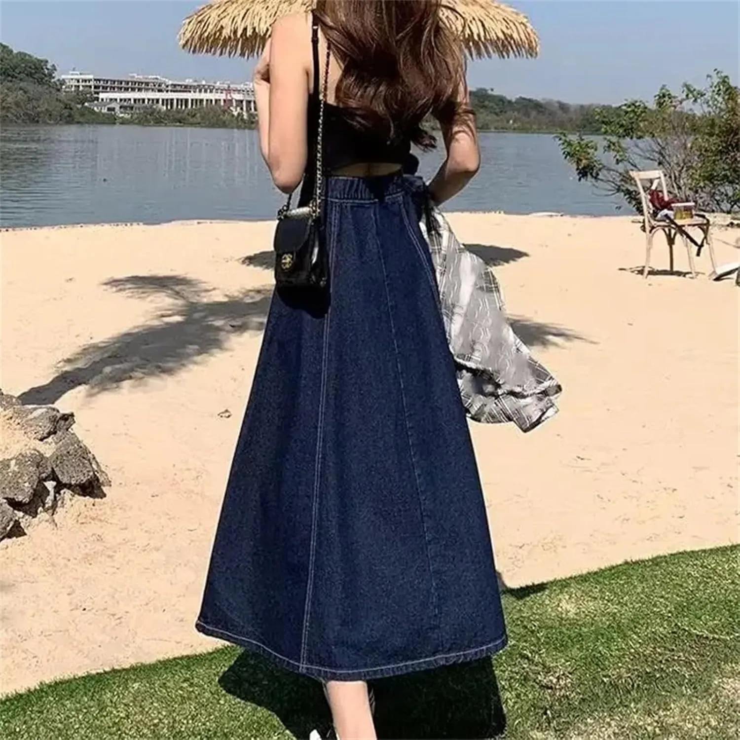 Women's Medium-Length High-Waisted Loose-Fit Denim Skirt  Summer Plus Size Elastic Waist A-Line Umbrella Skirt