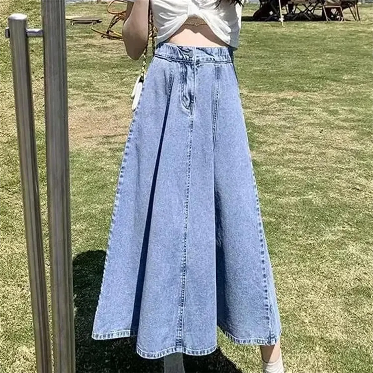 Women's Medium-Length High-Waisted Loose-Fit Denim Skirt  Summer Plus Size Elastic Waist A-Line Umbrella Skirt