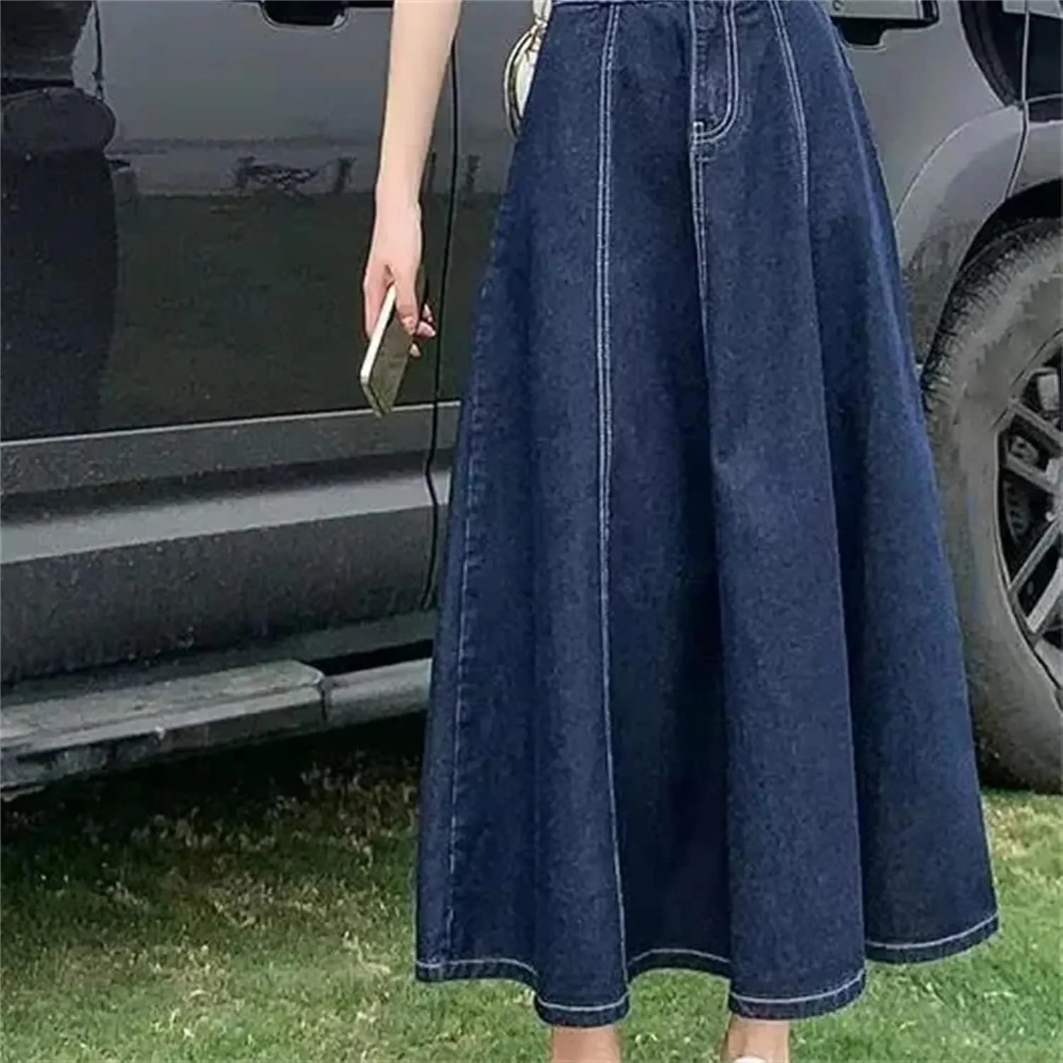 Women's Medium-Length High-Waisted Loose-Fit Denim Skirt  Summer Plus Size Elastic Waist A-Line Umbrella Skirt