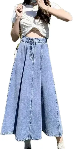 Women's Medium-Length High-Waisted Loose-Fit Denim Skirt  Summer Plus Size Elastic Waist A-Line Umbrella Skirt