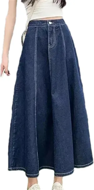 Women's Medium-Length High-Waisted Loose-Fit Denim Skirt  Summer Plus Size Elastic Waist A-Line Umbrella Skirt