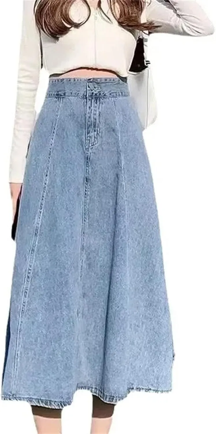 Women's Medium-Length High-Waisted Loose-Fit Denim Skirt  Summer Plus Size Elastic Waist A-Line Umbrella Skirt
