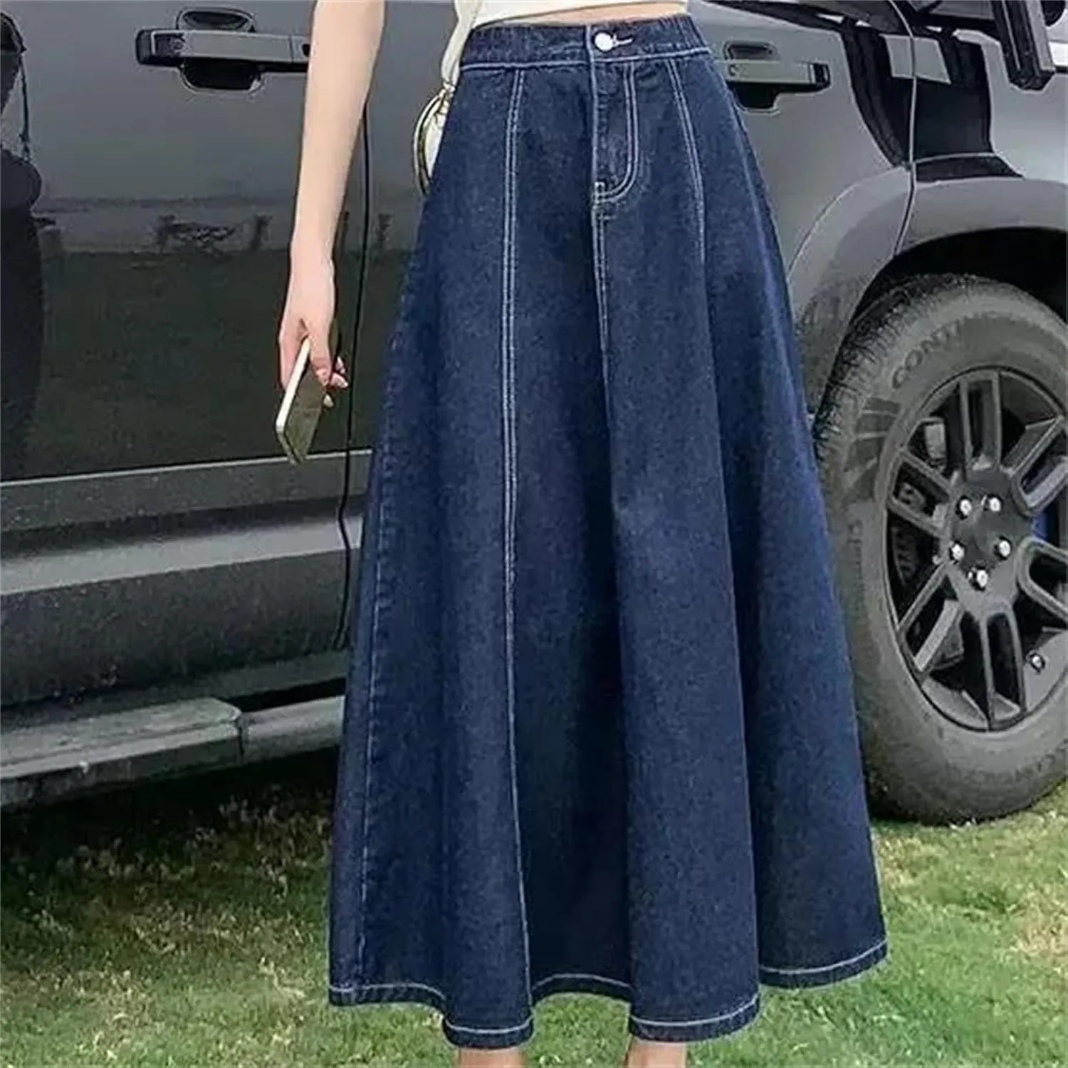 Women's Medium-Length High-Waisted Loose-Fit Denim Skirt  Summer Plus Size Elastic Waist A-Line Umbrella Skirt
