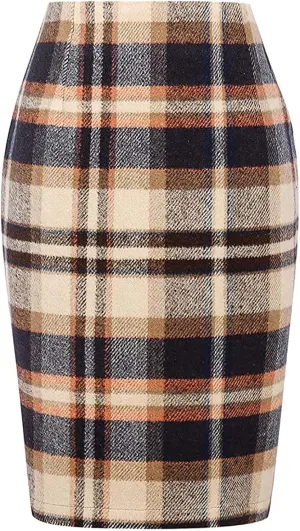 Women's Midi Wool Pencil Skirt Knee Length Elastic Waist Skirt Plaid Work Business Mini Skirts with Slit Zipper