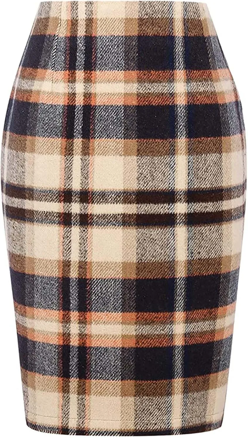 Women's Midi Wool Pencil Skirt Knee Length Elastic Waist Skirt Plaid Work Business Mini Skirts with Slit Zipper