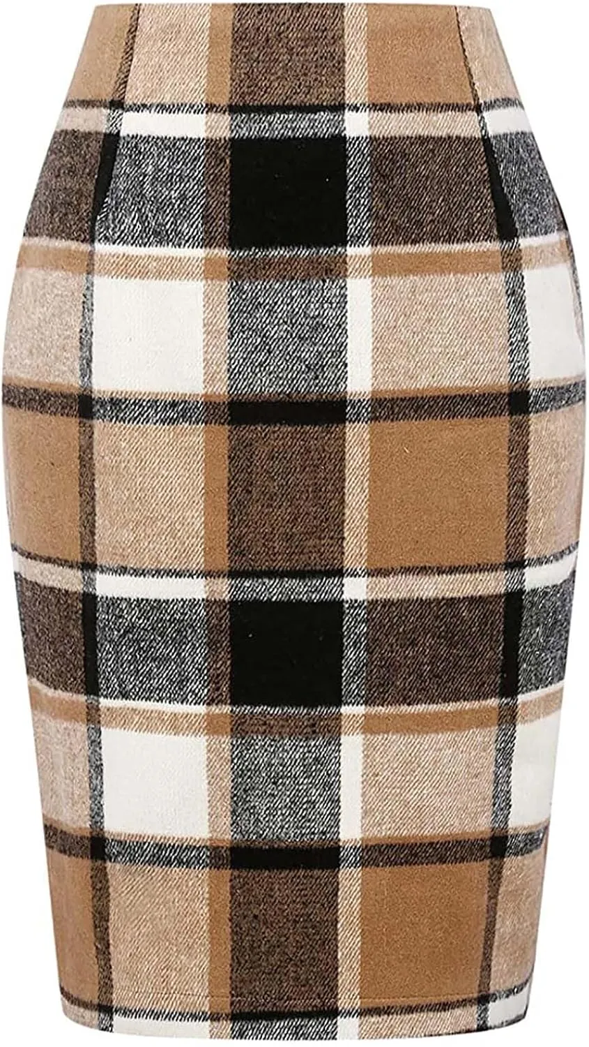 Women's Midi Wool Pencil Skirt Knee Length Elastic Waist Skirt Plaid Work Business Mini Skirts with Slit Zipper