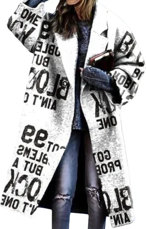 Womens Notch Lapel Single Breasted Color Block Printing Casual Long Sleeve Lapel Blazer Slim Mid Long Trench Coat Jacket