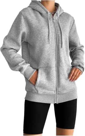 Women's Oversized Zip Up Long Sleeve Hoodie Sweatshirt (US, Alpha, Small, Regular, Regular, Grey)