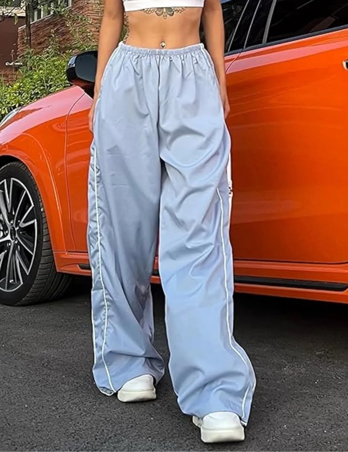 Womens Parachute Pants Y2k Baggy Wide Leg Track Pants Elastic Waist Jogger Sweatpants Hiking Pants Trousers 
