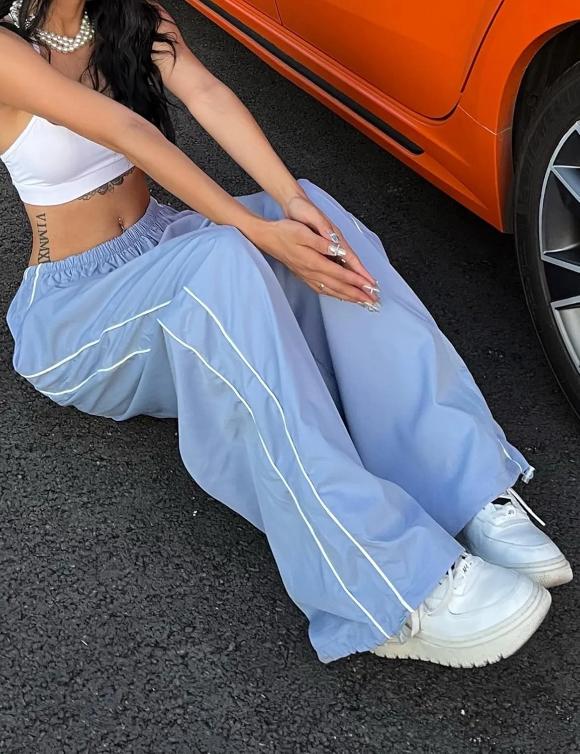 Womens Parachute Pants Y2k Baggy Wide Leg Track Pants Elastic Waist Jogger Sweatpants Hiking Pants Trousers 