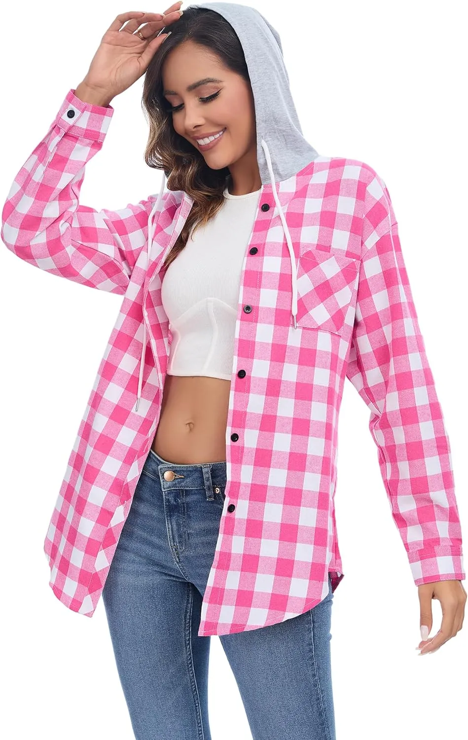 Women's Plaid Flannel Shirts Hoodie Long Sleeve Oversized Shirt Jacket Button Down Blouse Tops
