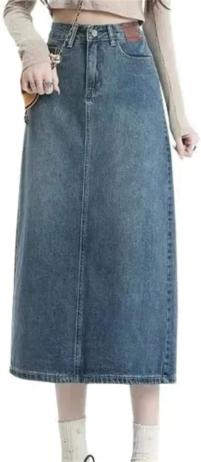 Women's Plus-Size Denim Skirt  Summer Medium-Length High-Waisted Slimming A-Line Dress Casual Work Skirt