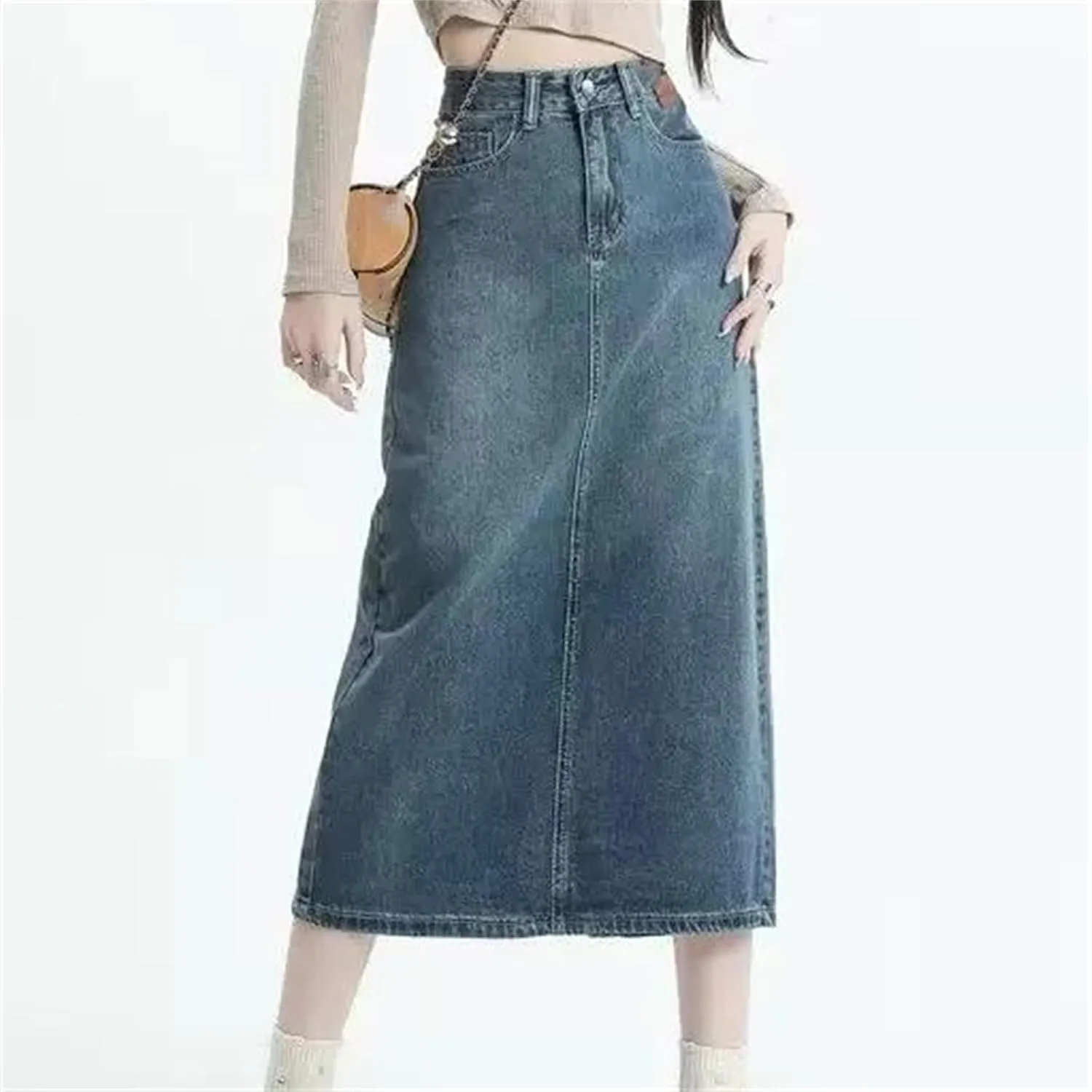 Women's Plus-Size Denim Skirt  Summer Medium-Length High-Waisted Slimming A-Line Dress Casual Work Skirt