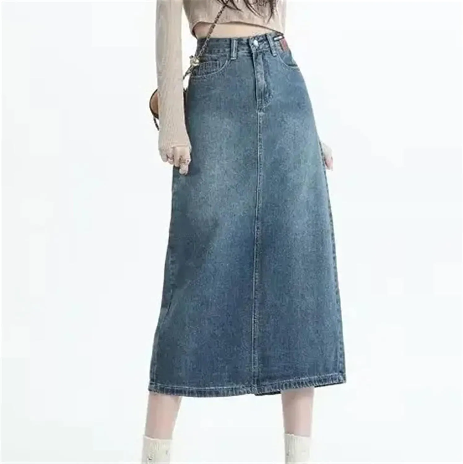 Women's Plus-Size Denim Skirt  Summer Medium-Length High-Waisted Slimming A-Line Dress Casual Work Skirt