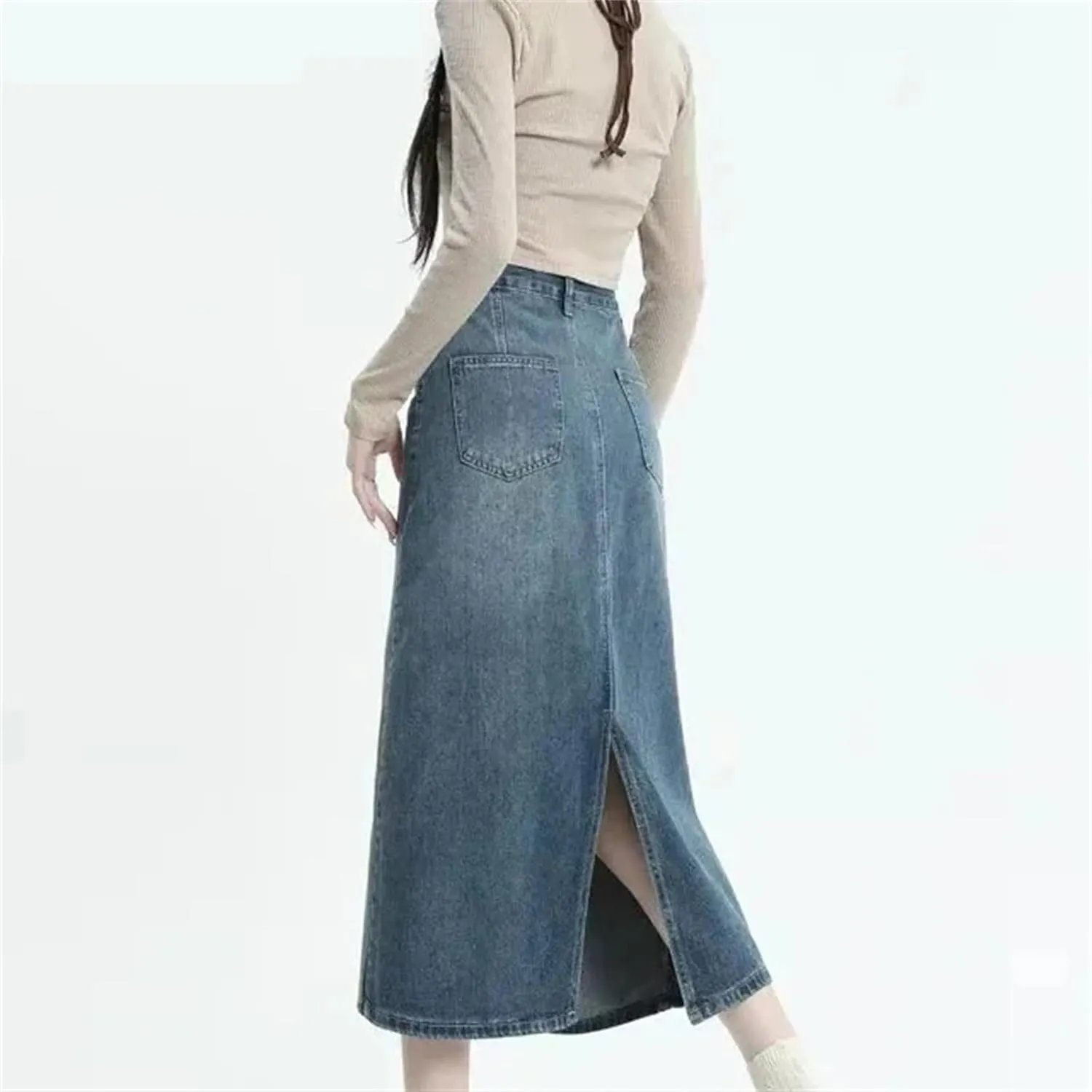 Women's Plus-Size Denim Skirt  Summer Medium-Length High-Waisted Slimming A-Line Dress Casual Work Skirt