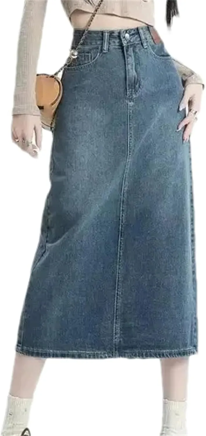 Women's Plus-Size Denim Skirt  Summer Medium-Length High-Waisted Slimming A-Line Dress Casual Work Skirt